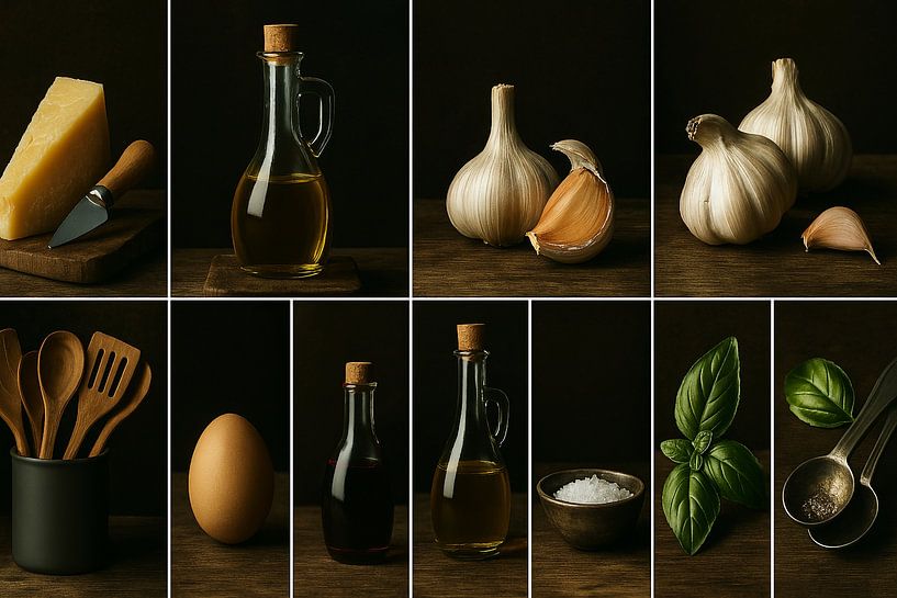 Italienische Küchenklassiker - Rustikales Flatlay mit Zutaten von Kleurenrijk