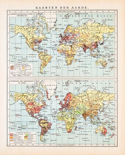 Wereldkaart bevolkingsdichtheid en godsdienst. Vintage kaart ca. 1900