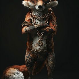 Gangster vos met bril en tattoos en gouden kettingen van Digitale Schilderijen