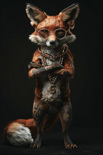 Gangster fox with glasses and tattoos and gold chains by Digitale Schilderijen