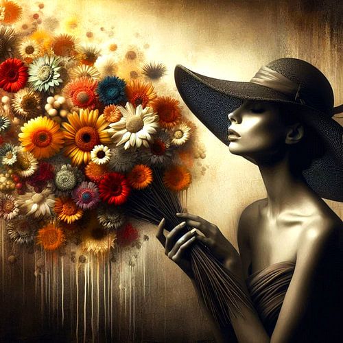 portret van een vrouw met een hoed en bloemen