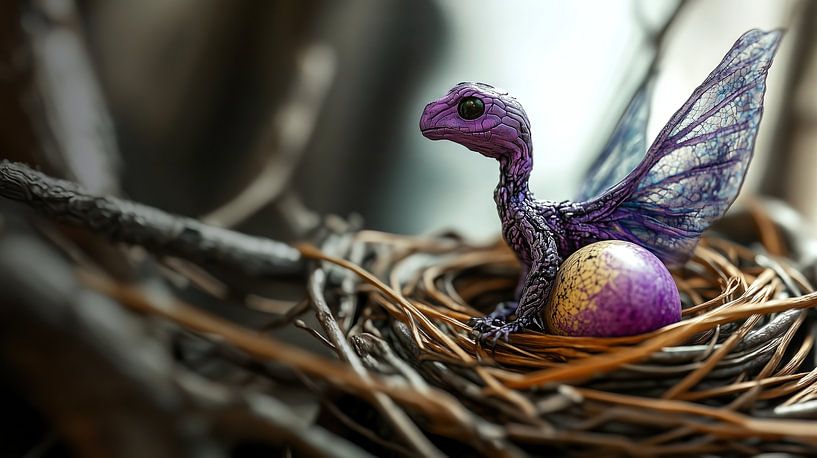 Purple fantasy dragon hatches from egg by Frank Heinz