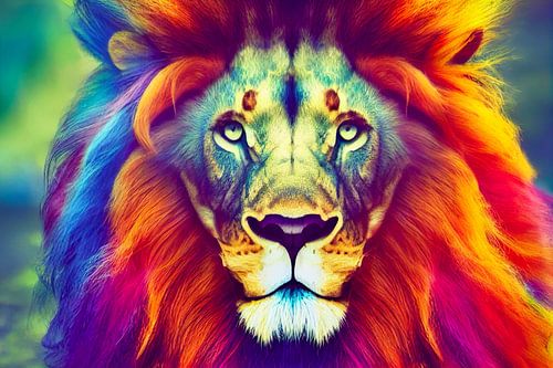 Portret van een kleurrijke leeuwenkop, schilderij kunstillustratie 01
