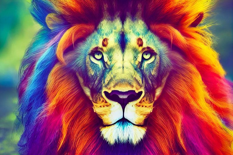 Portrait d'une tête de lion multicolore, Peinture Art Illustration 01 par Animaflora PicsStock