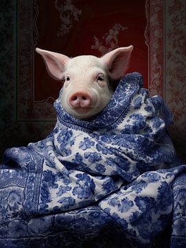 Schwein in einer 'Delfter Blau' Decke von Studio Ypie