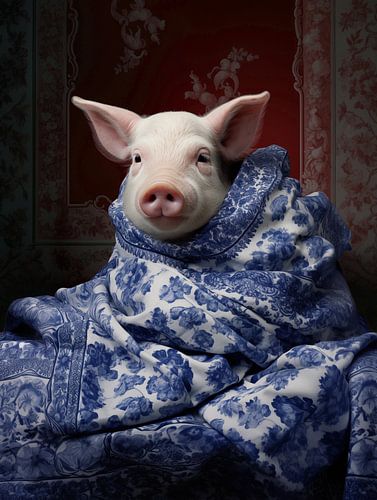 Schwein in einer 'Delfter Blau' Decke