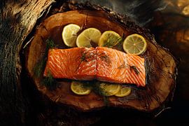 Salmon fillet on a wooden platter with lemon by Poster Art Shop