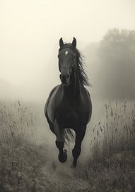 Majestic Black Horse in the Morning Fog