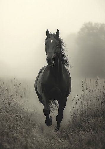 Majestueus zwart paard in de ochtendmist