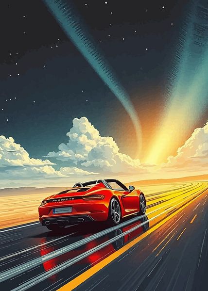 Red Porsche 718 Spyder – Speeding on Bright Road, Cloud, Bright Sun, and Starry Sky by MIROKKU