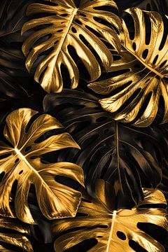 Luxe Gouden Monstera Bladeren op Zwart van De Muurdecoratie
