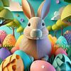 Lapin de Pâques avec des œufs de Pâques colorés dans l'herbe avec des bouleaux sur Jörg B. Schubert