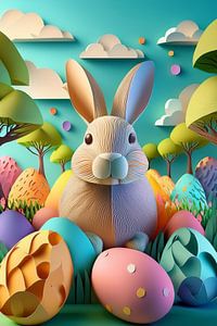 Osterhase mit bunten Ostereiern im Gras mit Birkenbäumen