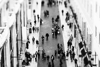 Busy shopping street in Lisbon seen from above | black and white travel photography | Portugal Europ