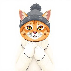 Eine Katze mit grauer Mütze und Winterpulli.