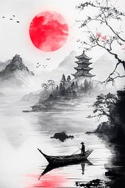 Red sun over still water by Poster Art Shop