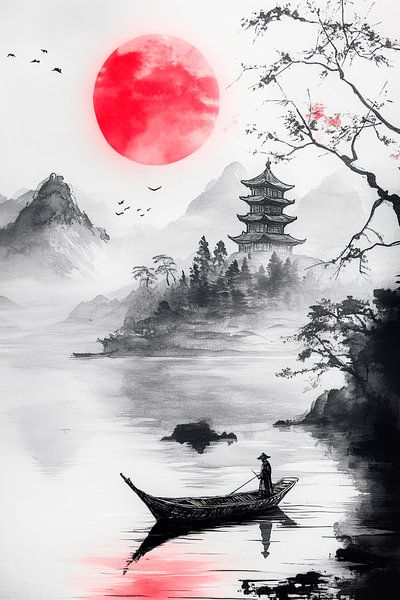 Rode zon boven stilstaand water van Poster Art Shop