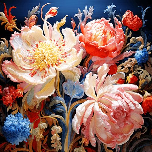 Borduurwerk weelderig boeket bloemen rijk gedetailleerd kleurrijk