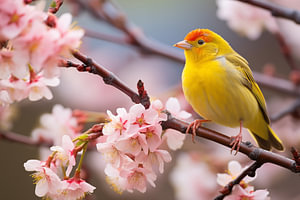 gelber Singvogel auf einem blühenden Zweig im Frühling