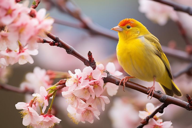 oiseau chanteur jaune sur une branche en fleurs au printemps par Animaflora PicsStock