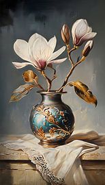 Magnolia flowers in a Baroque-inspired oil painting by Ljupka Kareska