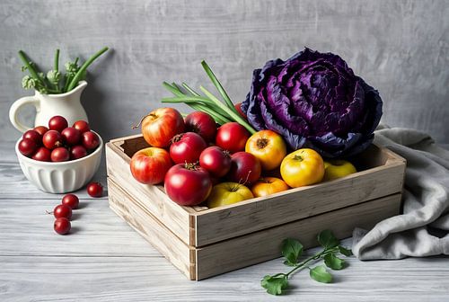 Harvest in Box - Tomates colorées et chou violet sur socle en bois