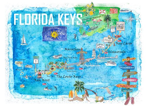 Florida Keys Key West Marathon Key Largo Illustriertes Reiseplakat Favoritenkarte 2. Wegweiser-Editi