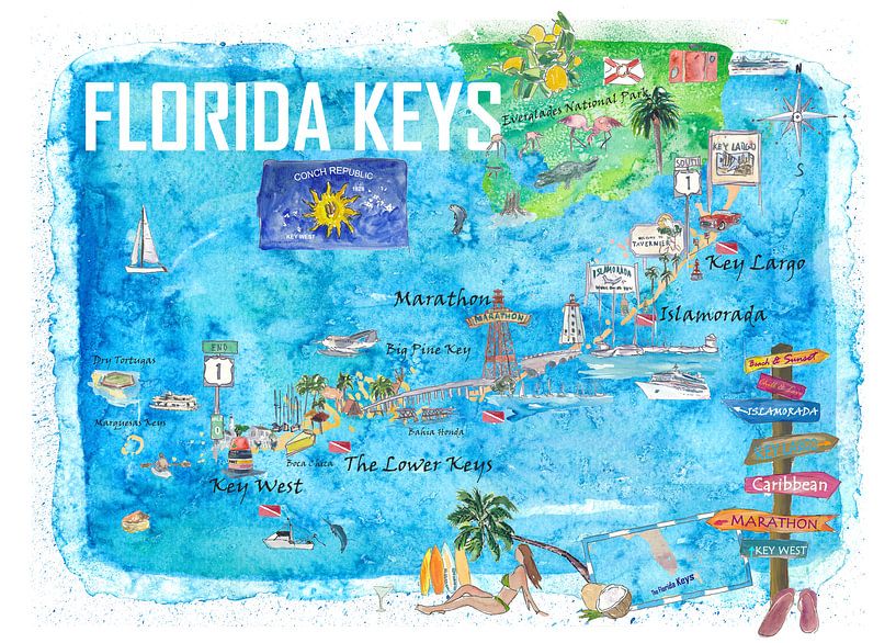 Florida Keys Key West Marathon Key Largo Illustrated Travel Poster Favourite Map 2nd Guide Edition by Markus Bleichner