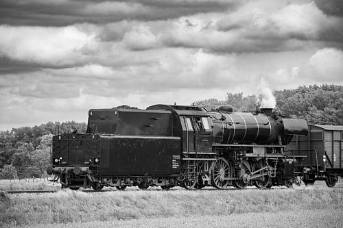Stoomtrein rijdt over het platteland