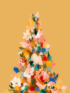 Arbre de Noël floral dans des tons chauds sur fond doré