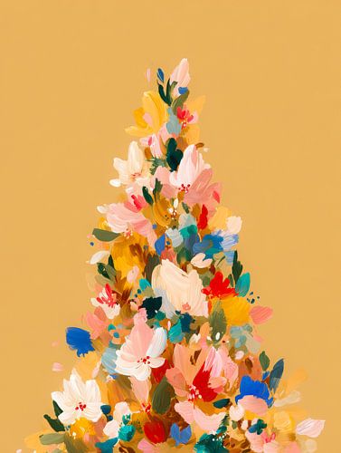 Arbre de Noël floral dans des tons chauds sur fond doré