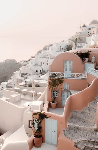Oranje gebouw en zonsondergang | reisfotografie print | Oia Santorini Griekenland