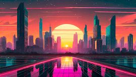 Retro zonsondergang met stad