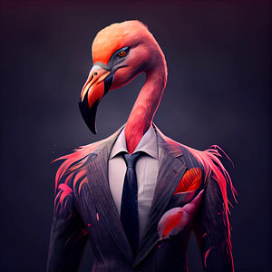 Stattliches Porträt eines Flamingos in einem schicken Anzug