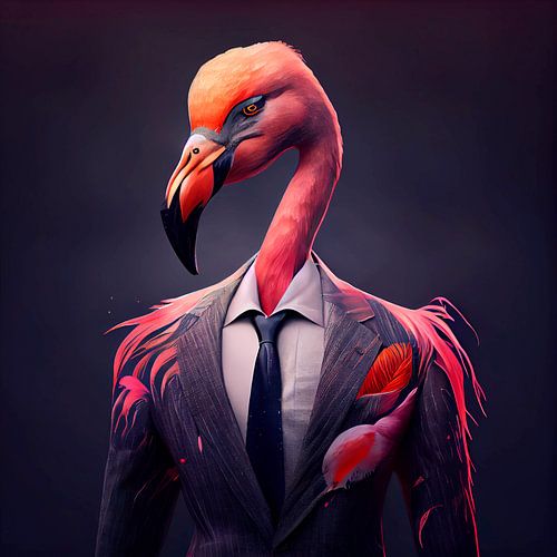 Stately portrait of a Flamingo in a fancy suit