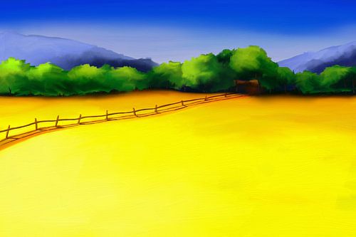 Painting of a colorful landscape with a track through yellow fields