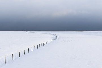 Eine leere, schneebedeckte Winterlandschaft im Nationalpark Lauwersmeer. Am Horizont treiben dunkle  von Bas Meelker