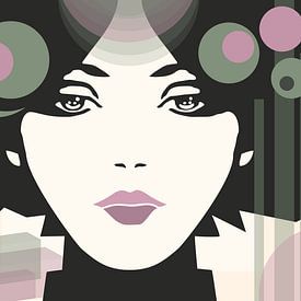 Abstract female portrait with rounded shapes in black, pink, green, and grey. by Yke de Vos