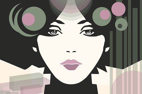 Abstract female portrait with rounded shapes in black, pink, green, and grey.