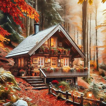 Hölzernes helles verschneites Haus im Wald von Digital Art Nederland