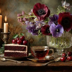 Anemonen und Schokoladenkuchen - Warmes romantisches Stillleben von Joriali Fotografie und Gemälde