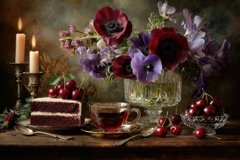 Anemonen und Schokoladenkuchen - Warmes romantisches Stillleben von Joriali Fotografie und Gemälde