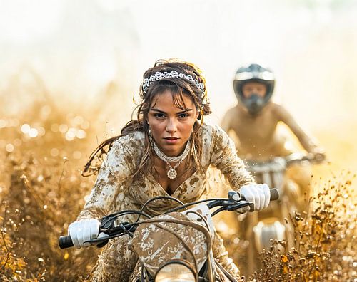 bruid rijdt op een motorcrossmotor door de modder