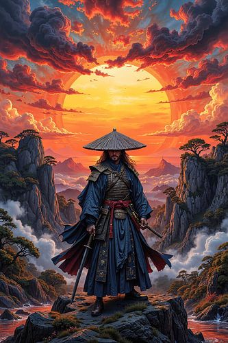 KAZERITHON – Le combattant à l’épée dans les montagnes au coucher du soleil