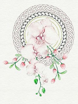 Gevlochten Mandala met Orchideeén in Aquarel van Atelier Monadikós