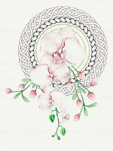 Geflochtenes Mandala mit Orchideen in Aquarell