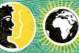 Yellow portrait next to earth illustration by Imperial Art House