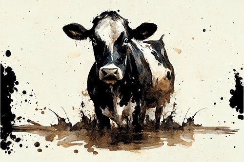 Holstein cow looks at you in ink blot style