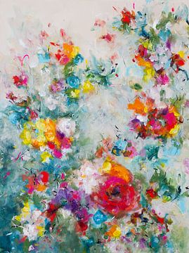 Floral Frenzy - abstract kleurrijk bloemenschilderij van Qeimoy