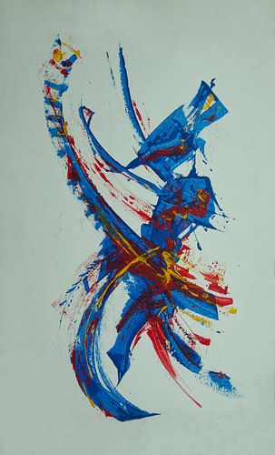 Abstract painting in blue, red and yellow